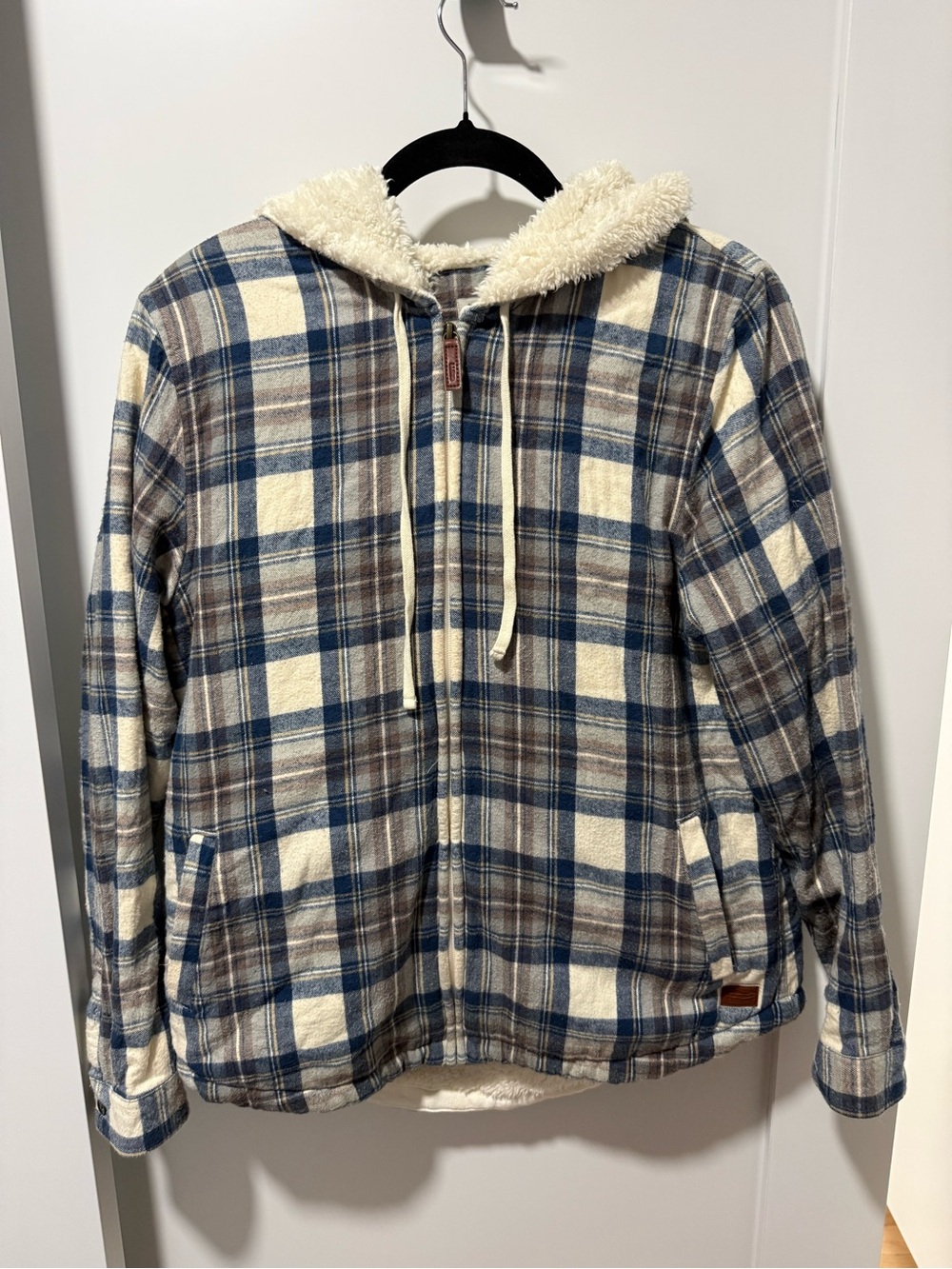 L.L. Bean Blue, Cream & Brown Plaid Sherpa-Lined Zip Jacket